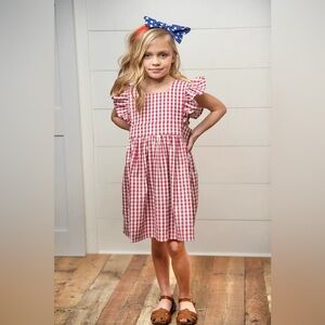 Wren & James Dress Girls Burgundy White Gingham Pinafore Size 5 Classic Ruffle